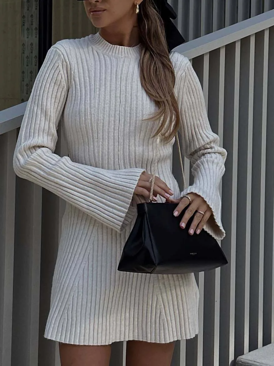 

White Knitted Dress Women Autumn Winter Long Sleeve O Neck Mini Dresses Female Elegant Fashion Ribbed Skinny Party Club Robes