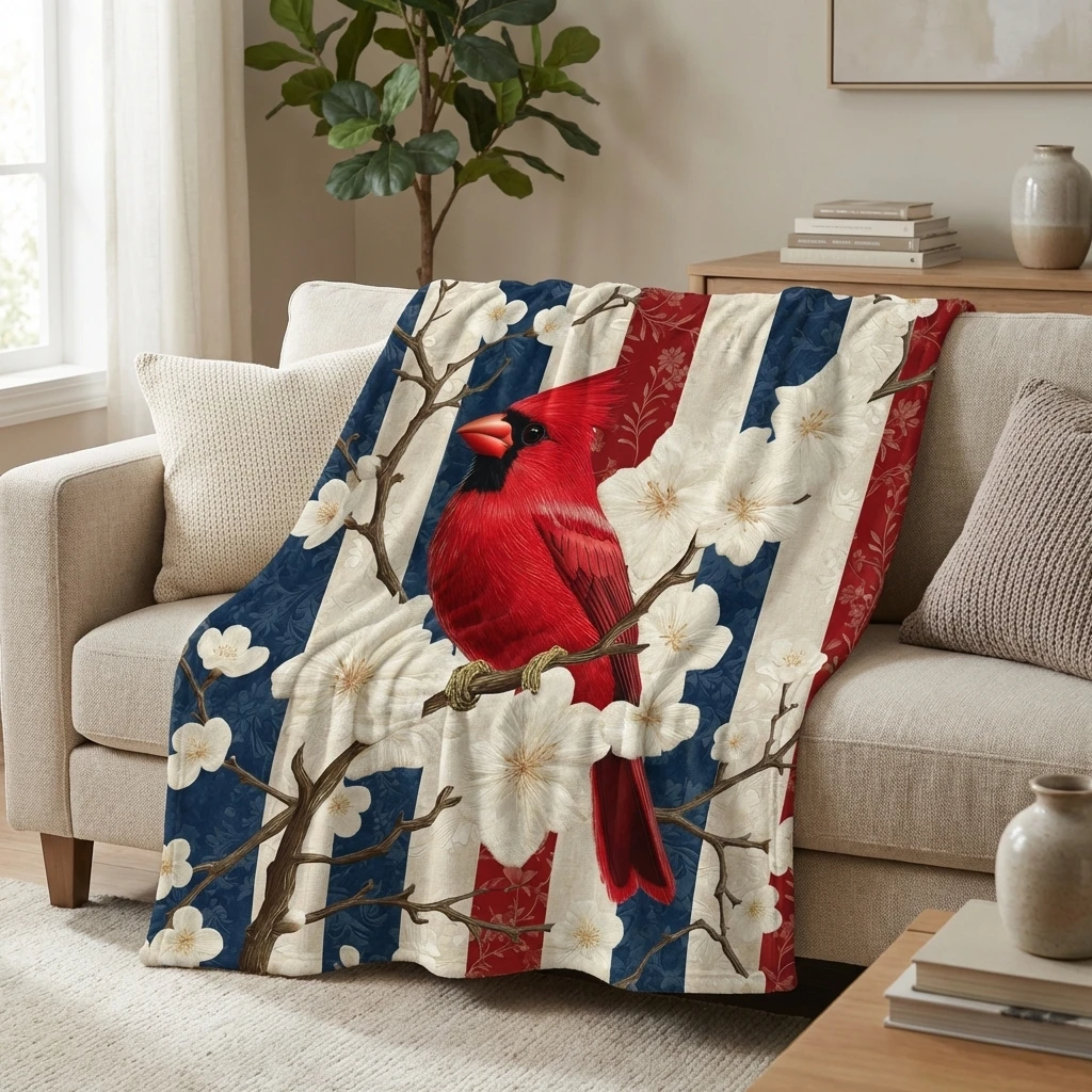 1PC Vintage Floral Cardinal on Branch Patriotic Thick Flannel Blanket, Soft Warm Portable Throw, Great Gift for Boys Girls