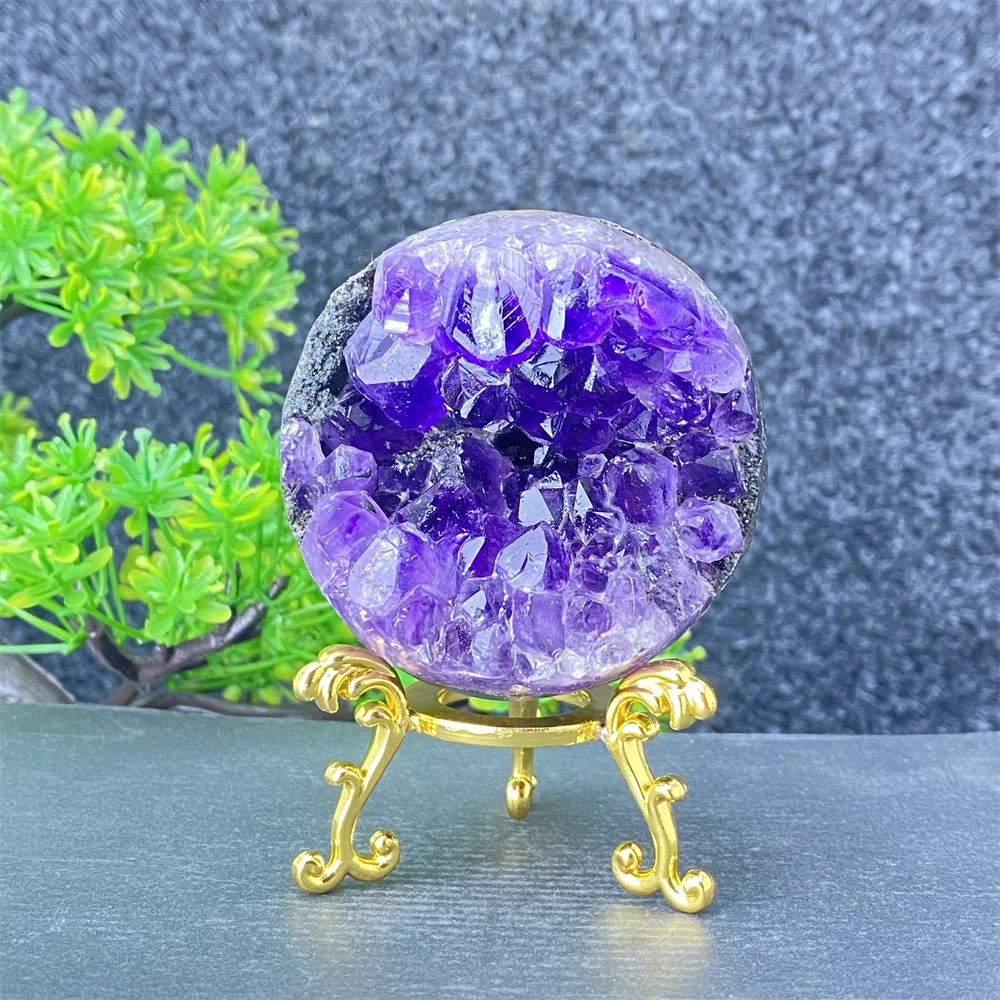 Natural mineral amethyst geode smiles, Feng Shui, fortune, divination crystal ornaments, home decoration + base