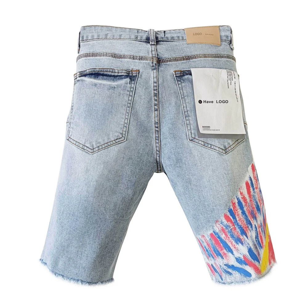 Men High Street Hole Distressed Denim Shorts Streetwear Hip Hop Painting Graffiti Jeans Short Pants