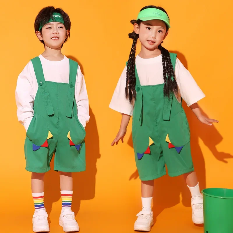 

Kids Street Dance Clothes Children Showing Hip Hop Clothing White T Shirt Green Overall Shorts for Girls Boys Jazz Dance Costume