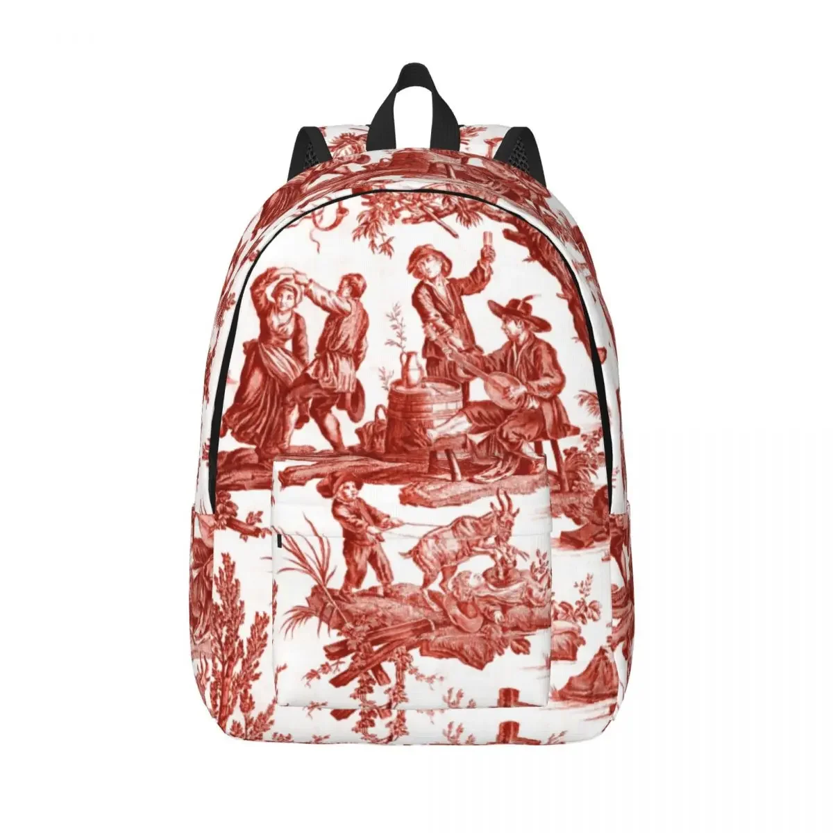 

Red And White Toile De Jouy Travel Canvas Backpack Men Women School Laptop Bookbag French Motifs Floral College Daypack Bags