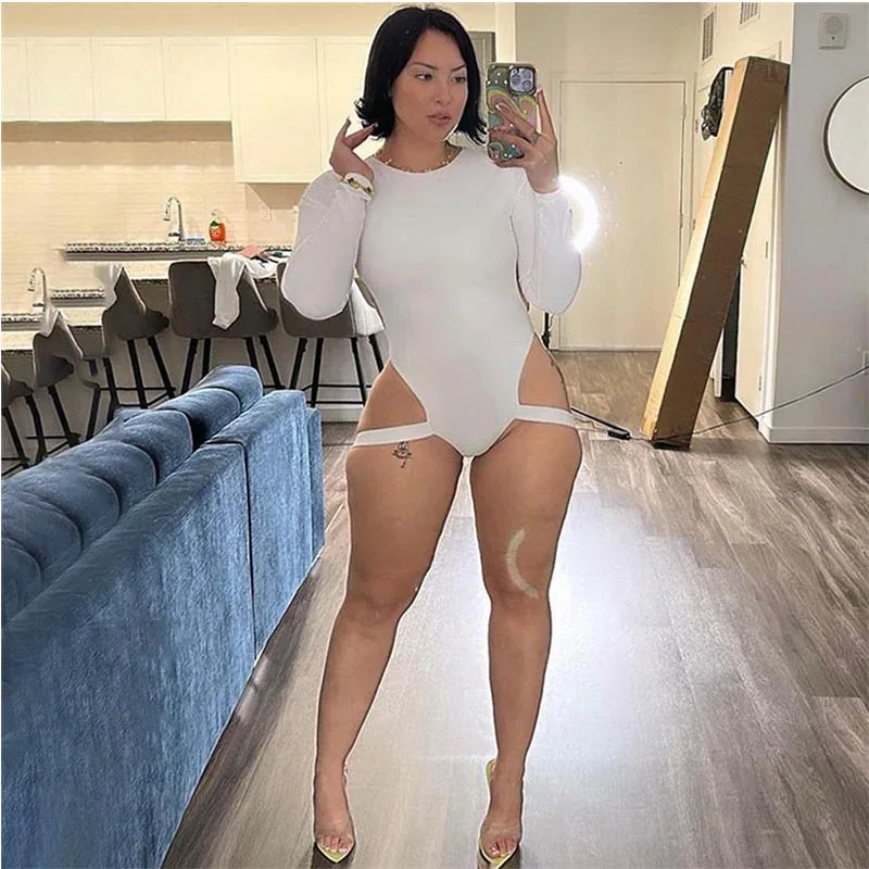 Garip Kedi Hollow Backless Bodysuit Kadın Yaz Seksi Hottie Uzun Kollu Katı O-Boyun Bandaj Şık Vücut Şekli Sıska Clubwear Üst