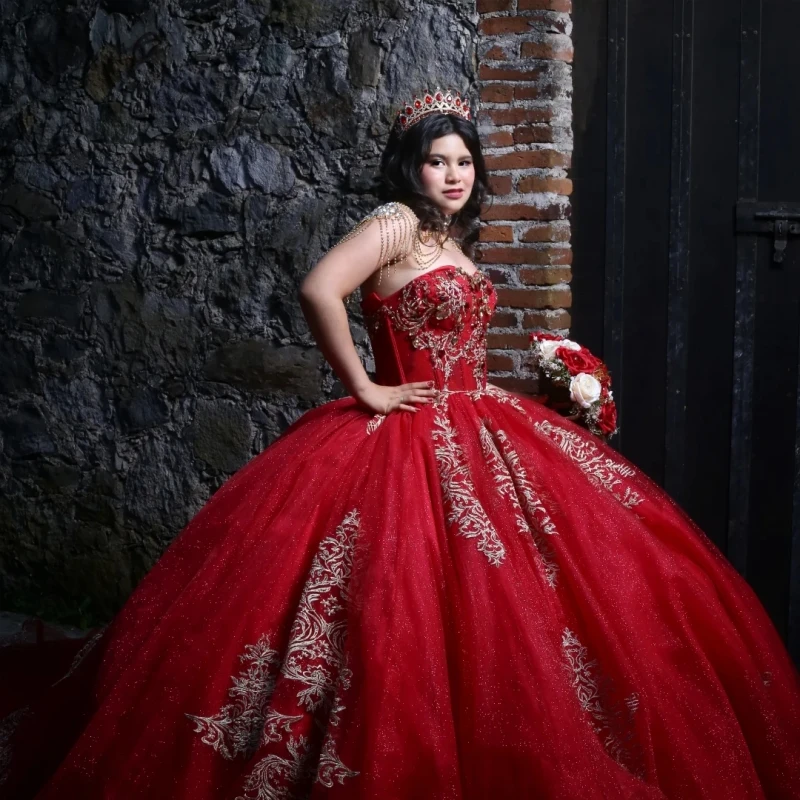 

Red Shiny Quinceanera Dresses Ball Gown Off The Shoulder Applique Lace Beading Crystal Tull Party Birthday Sweet 16 Dress Vesti