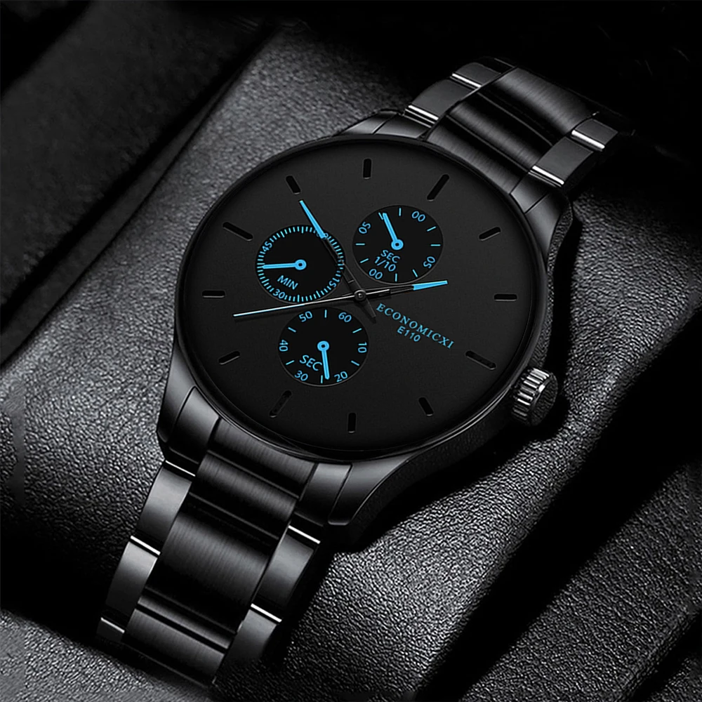 2Pcs Men\'s Casual Simple Business Three-eye Digital Pointer Steel Band Quartz Watch Fashion Luxury Alloy Bracelet Set