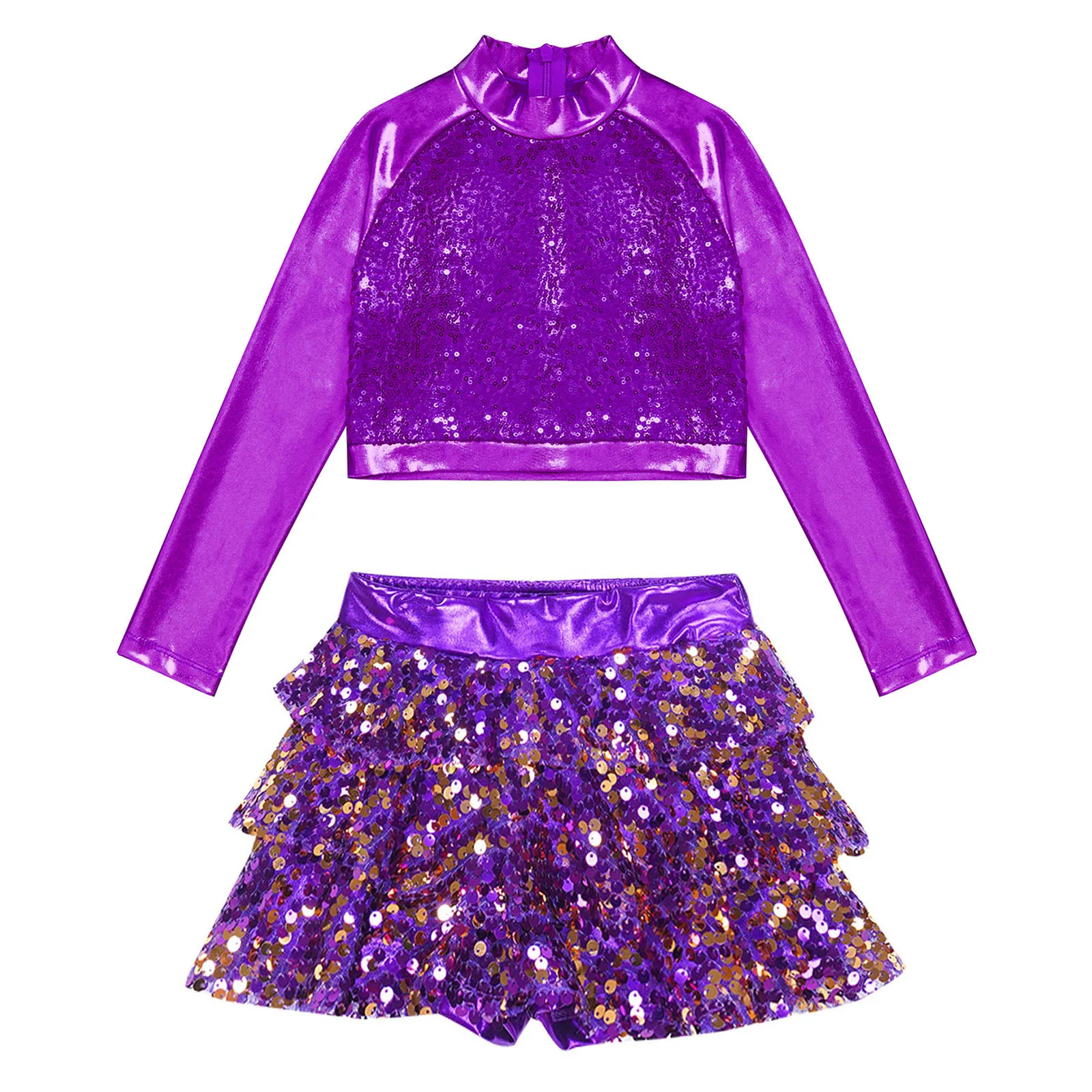 Kids Girls Shiny Sequins Ballet Dance Clothes Long Sleeve Tiered Crop Top+Skirt for Carnival Party Jazz Dance Stage Performance