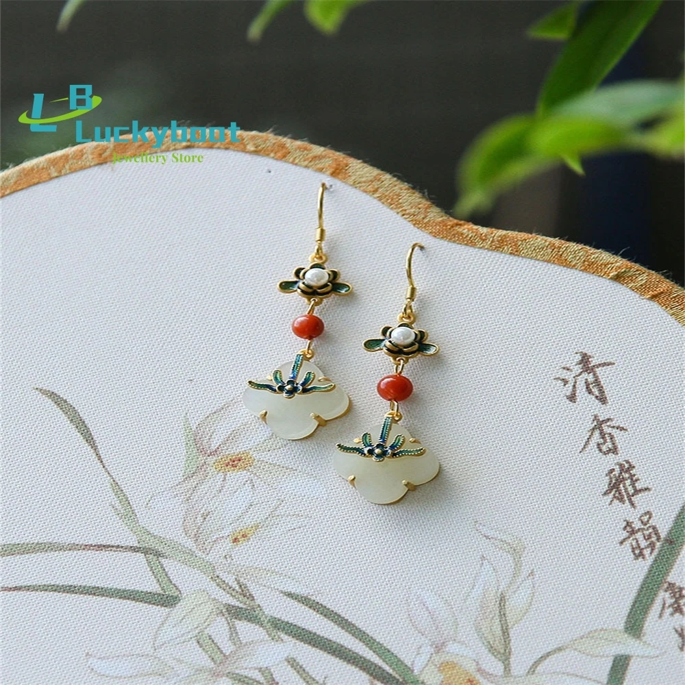 Classical Hetian Jade Earrings Women's Long Four-Leaf Clover Enamel Pearl Southern Red Country Tide With Cheongsam Ear Hooks