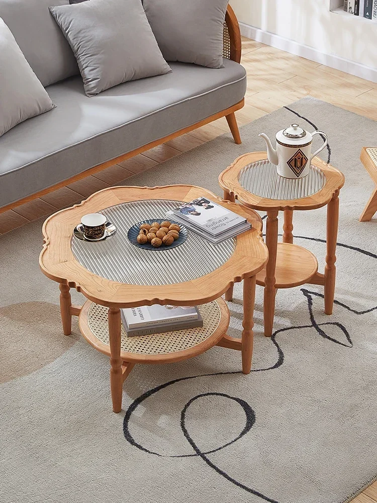 Japanese solid wood rattan living room home Changhong glass size circular coffee table combination