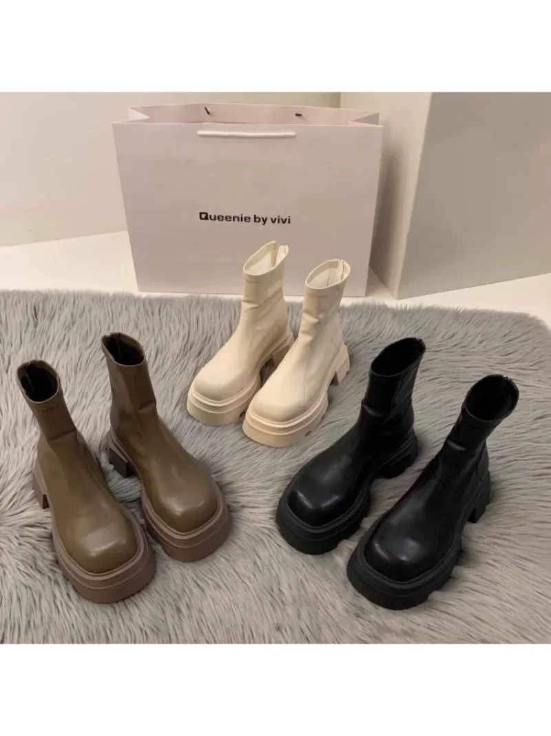 Bottes en cuir décontractées pour femmes, bottes à plateforme extérieure, marque de luxe, mode, nouveau, 2021