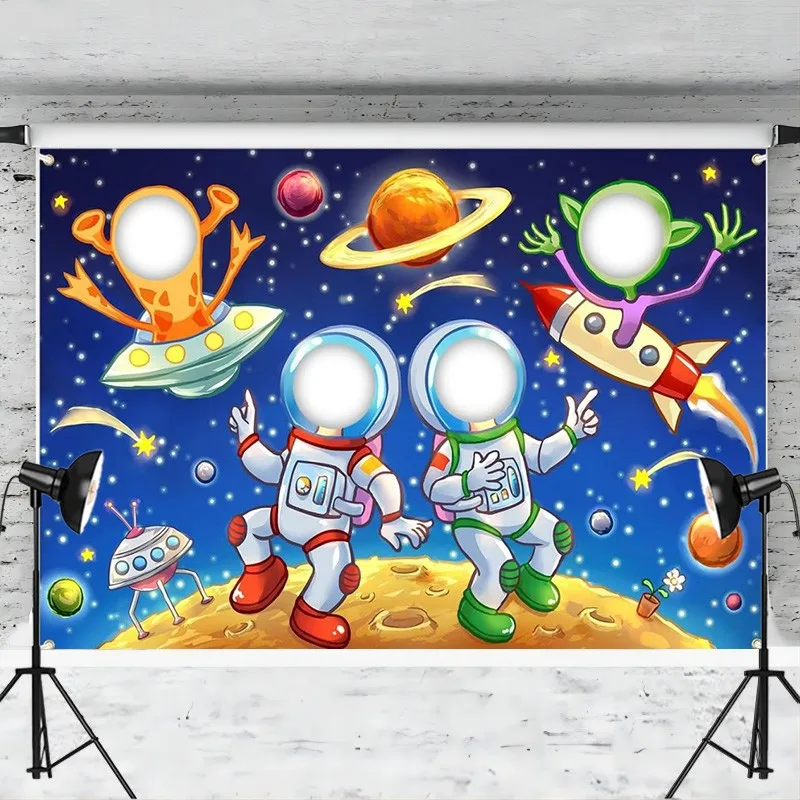 Cartoon Outer Space Backdrop Astronaut Alien Face Cutout Rocket Spaceship Universe Planet  Background Galaxy Party Decoration