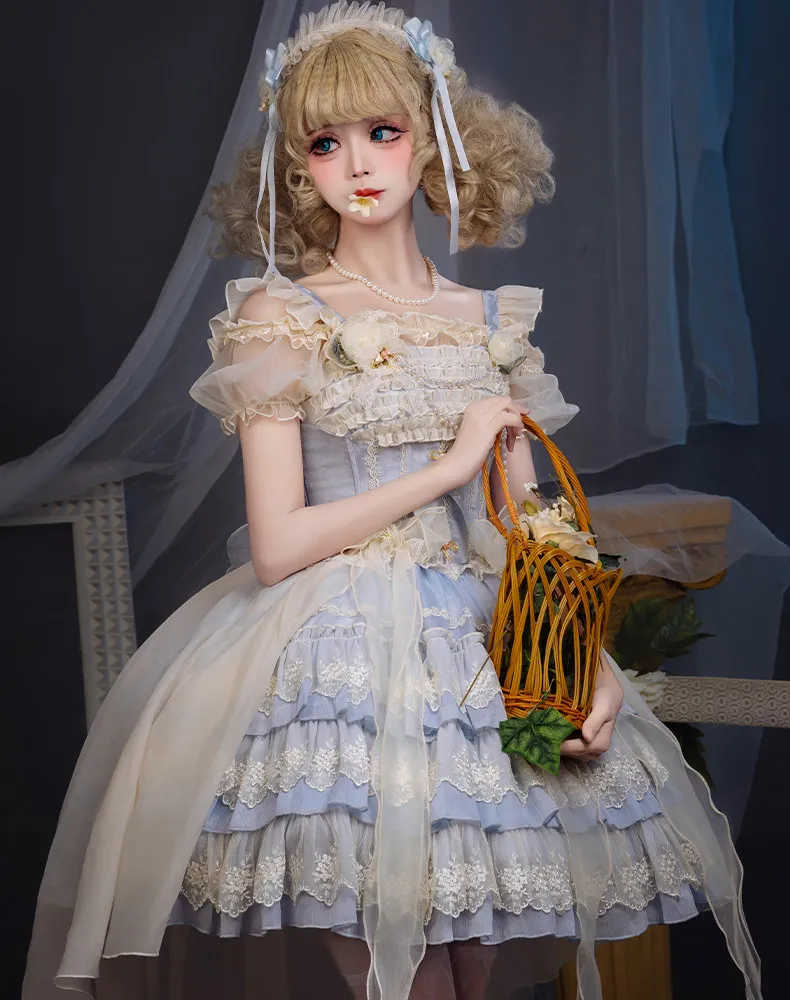 Rose Lolita JSK Dress Light Blue Jacquard Fabric 3D Rose Flower Decor Multi-Layer Lace Ruffle Tiered Skirt Sweet Princess Dress