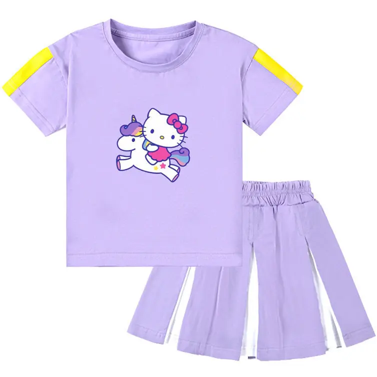 Kawaii Sanrioed Hellokittys Kids Fashion Outfit Girls Cartoon Short Sleeve Pleated Skirt Summer Preppy Sports Skirt Suit Gift