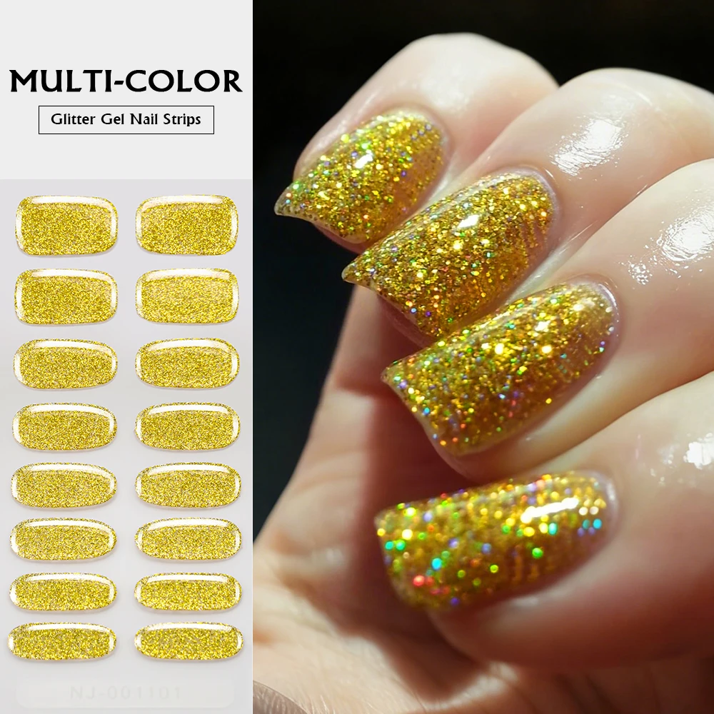 16Tip Shiny Glitter Silver Semi Cured Gel Nail Strips Long Lasting  Full Cover Solid color  Gel Nail Stickers UV Lamp Nail Patch