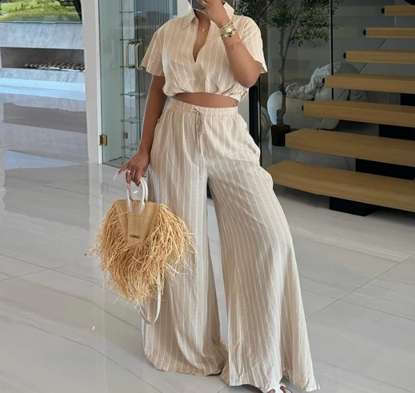 

Two Piece Set Women Outfit 2024 Summer Striped Turn-Down Collar Crop Top & High Waist Side Button Casual Wide Leg Pants Set