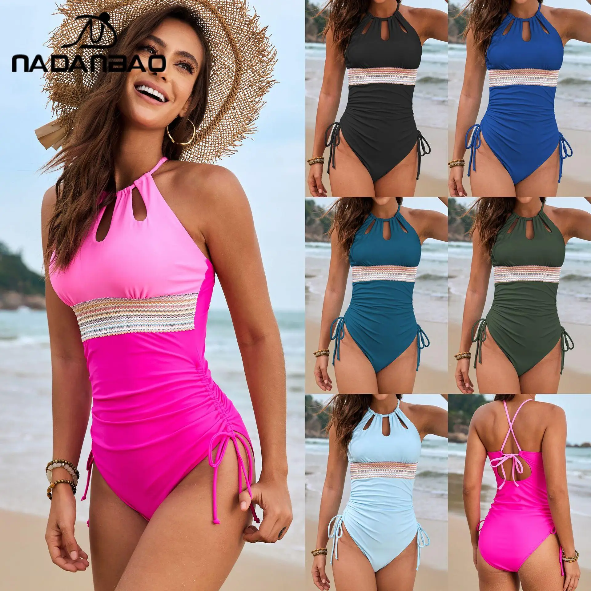 Nadanbao Solid Color Patchwork One-Piece Swimsuit Sexy Halter Cross Back Bathing Suit Hollow Lace Up Swimwear Woman Beach Wear