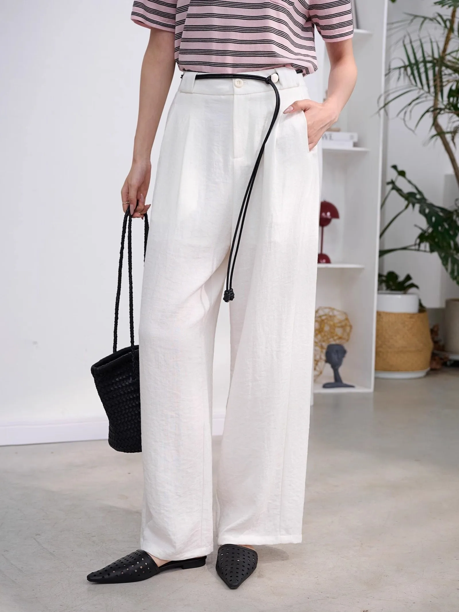 

JPOO High Waist Straight Leg Casual Pants Linen Lyocell Pleated Wide Leg Leisure West Pants Long Trousers for Women