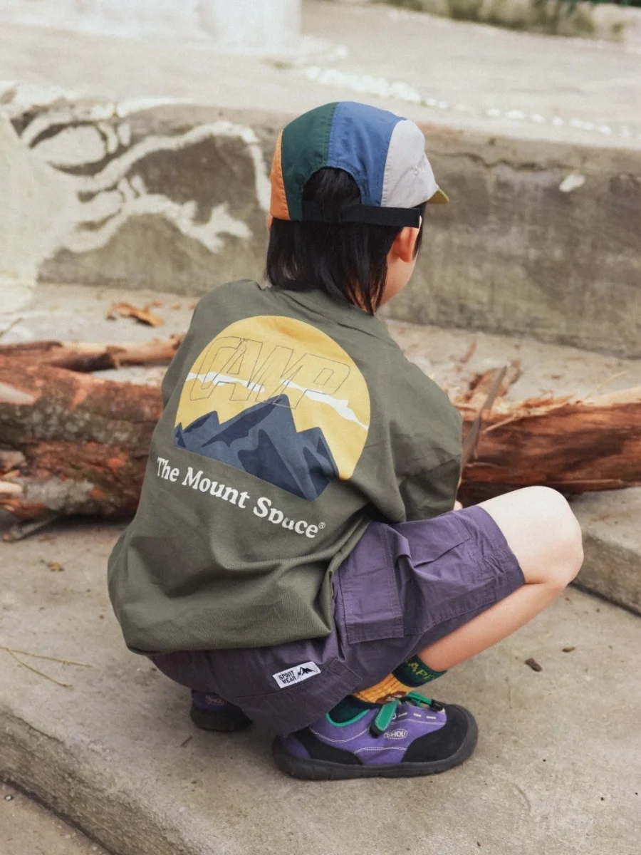 Facec Boys Summer Cotton T-Shirt Loose Fit Short Sleeve Outdoor Camping Style Children's Wear Breathable round Neck Top