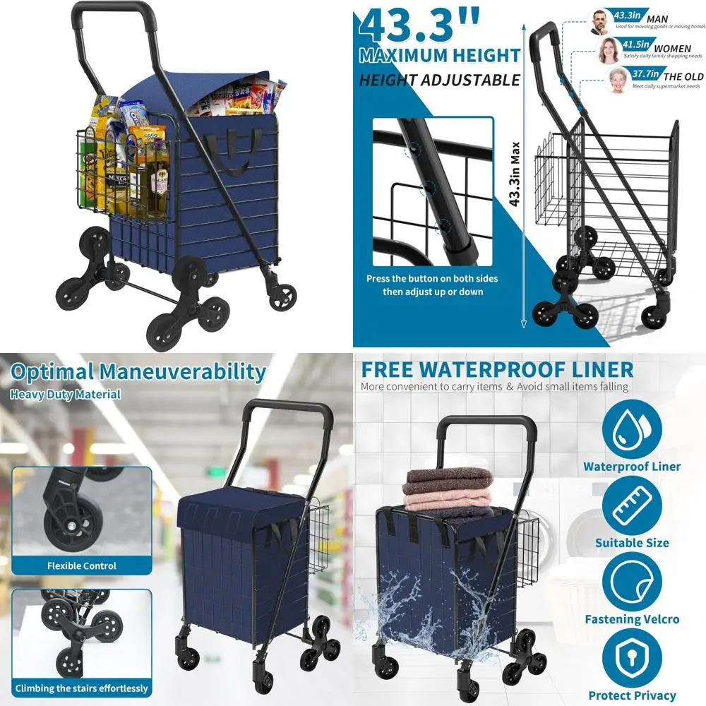 

Grocery Shopping Cart with Waterproof Liner Stair Climber Utility Cart Easily Collapsible Cart with Tri-Wheels, 66lb Extended Fo