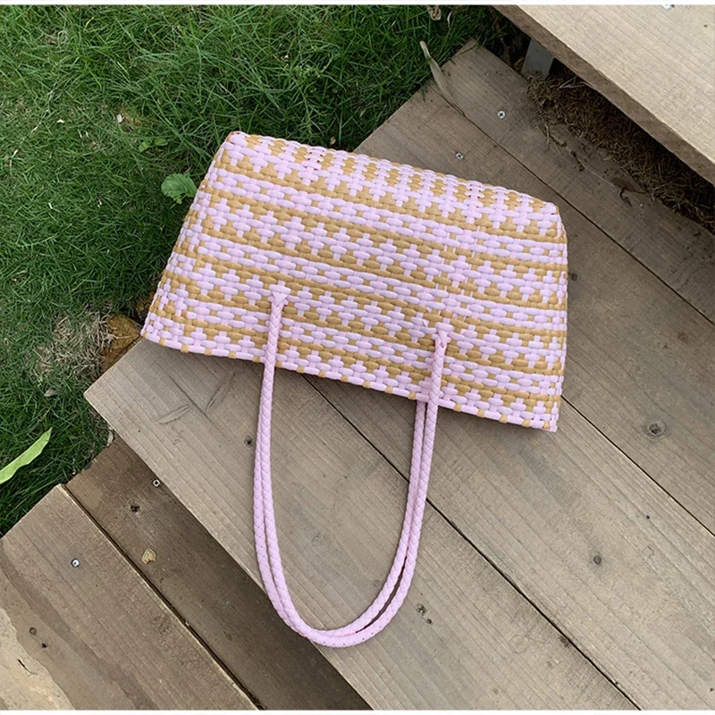 Handgefertigte Colorblock-Webtasche, Damen-Sommer-Tragetasche, Sommer-Einkaufstasche für Strandurlaub, Picknick, Haustiertransport – Detail 28