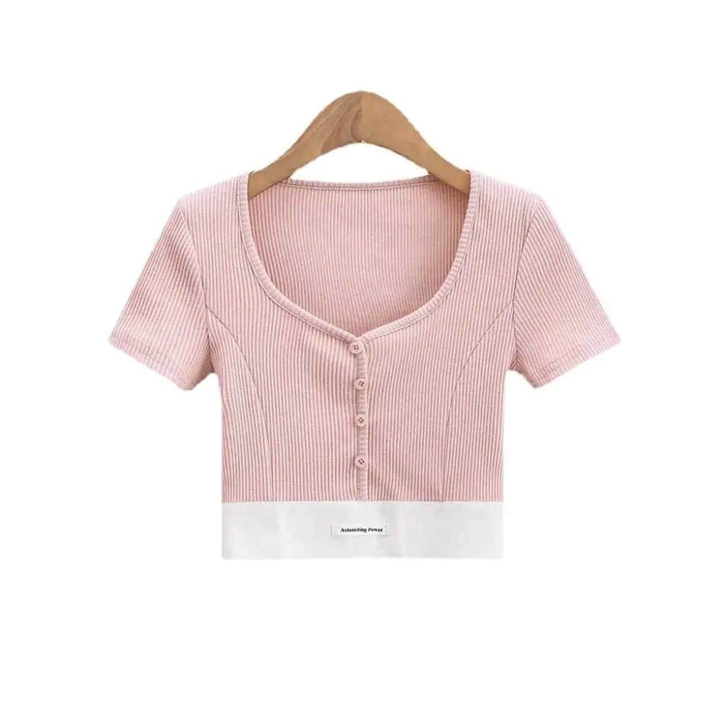 

YPFF Women's Slim Fit V-Neck T-Shirt Short Sleeve Elastic Thread Detail Pullover Top Trendy Navel Length