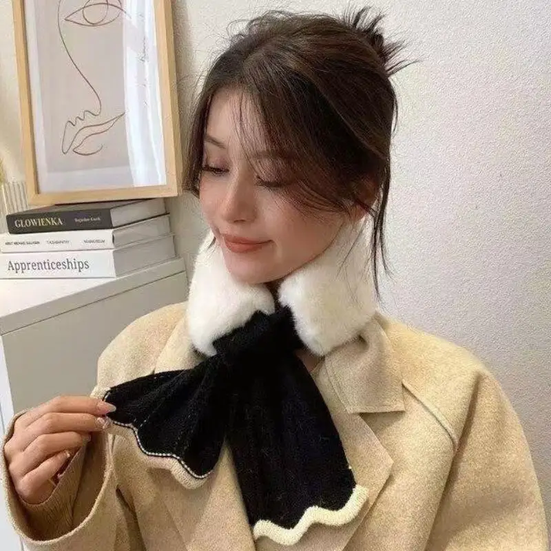 Winter Plush Scarf Woman Thick Fish Tail Wool Knit Cross Fur Collar Outdoor Cycling Neck Protect Cervical Spine Warm Scarves