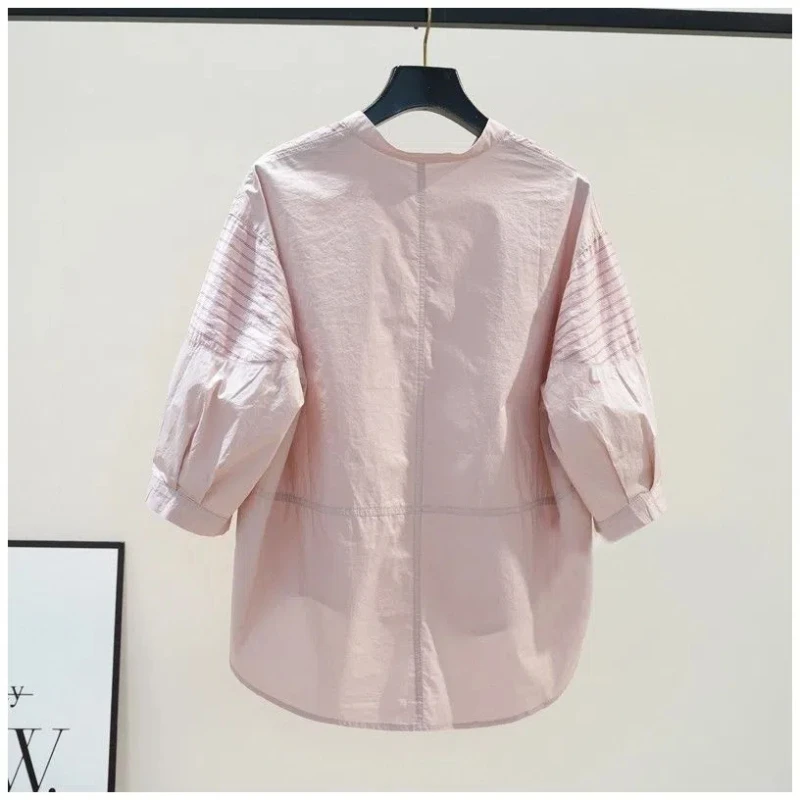 2024 New Summer Korean Commuting Minimalist Loose Blouses Three Quarter V-neck Irregular Patchwork Button Women\'s Shirt Top