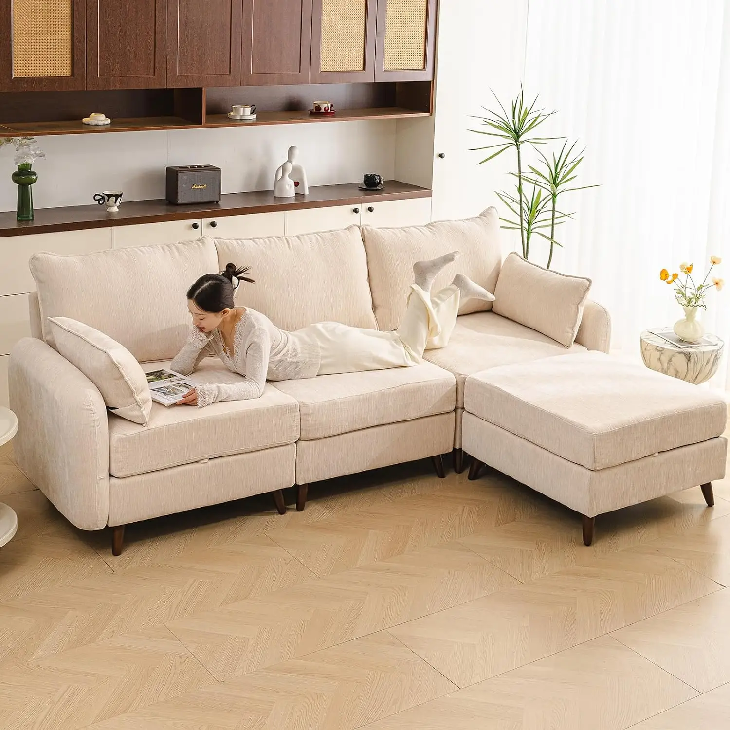 104'' Modular Sectional Sofa with Storage,L Shaped,Velet,Cream, Customized