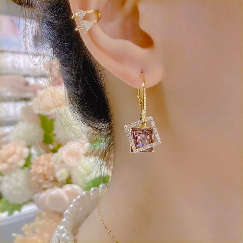 New Fashion Square Purple Crystal Pendant Gold Color Earrings for Women Simple Elegant Personality Girls Party Trendy Jewelry