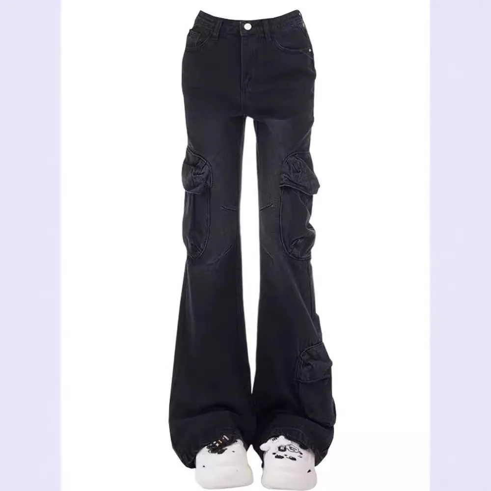 American Retro Workwear Jeans Women's Autumn and Winter New Style Multi Pocket High Waist Straight Leg Pants