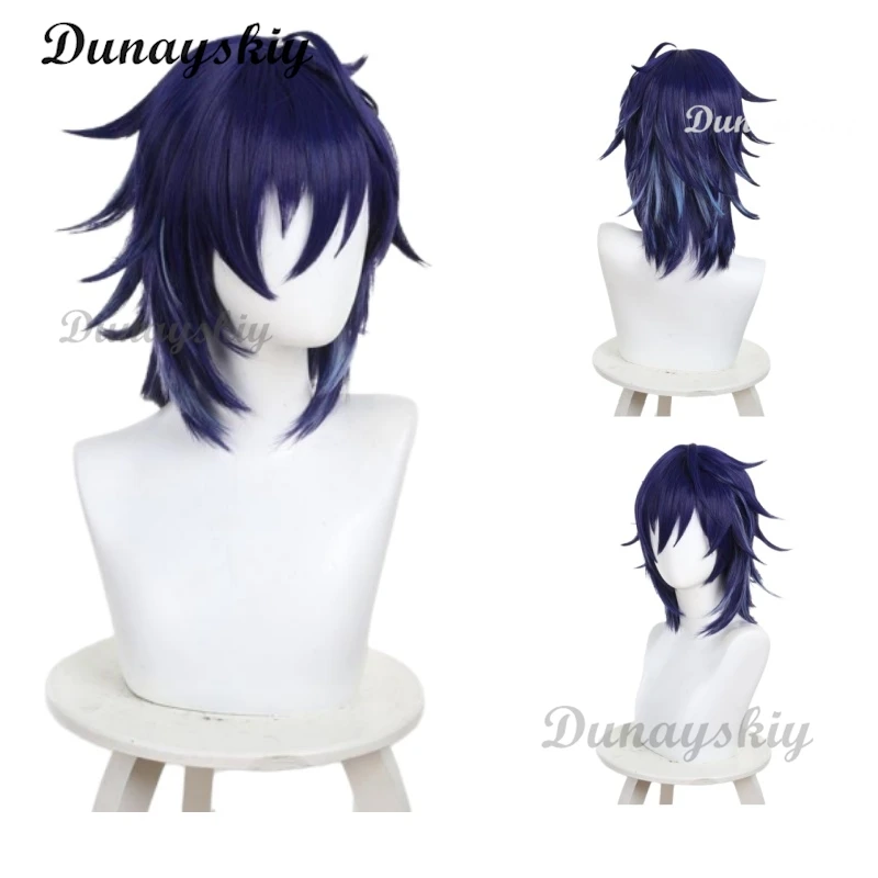 원신 임팩트 오로론 코스프레 가발 게임 다크 블루 짧은 머리 나틀란 할로윈 파티, 여성 남성 역할 놀이 소품 액세서리