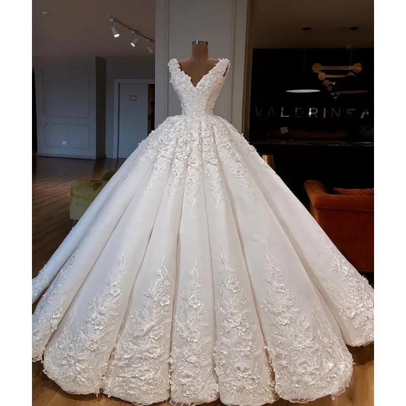 

Индивидуальное свадебное платье-принцесса 2026 года, белое, с пышной юбкой, без рукавов, с открытой спиной, из атласа, с цветочным декором, Vestido De Novia