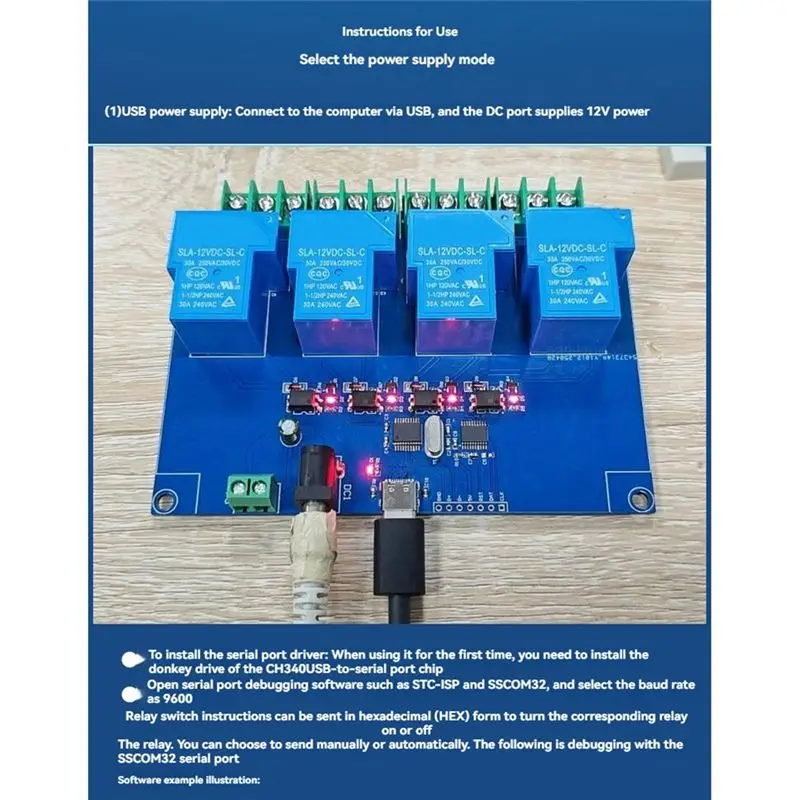 AA73 USB-C Relay Module 4CH 12V 30A USB Relay Module With Onboard CH340T Chip USB-Computer Serial Port Intelligent Control Switc