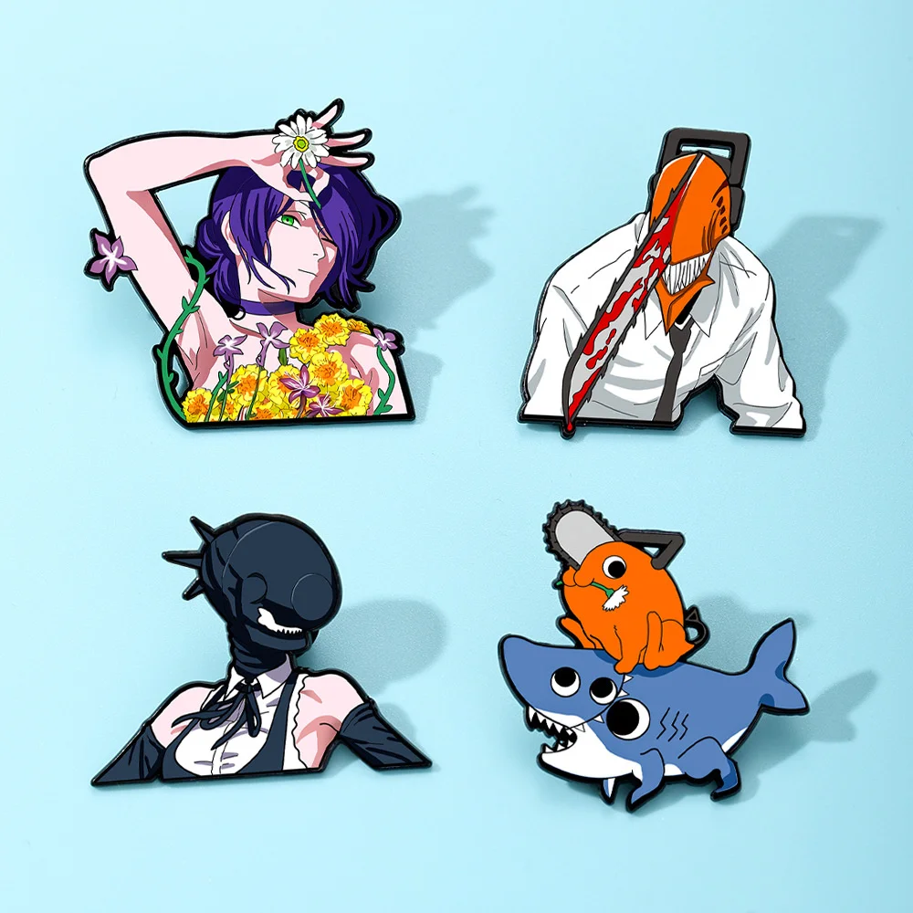 4 Stück Anime Chainsaw Man Emaille-Pins Reze Denji Makima Pochita Broschen für Rucksäcke Anstecknadeln Cartoon-Schmuck Accessoires