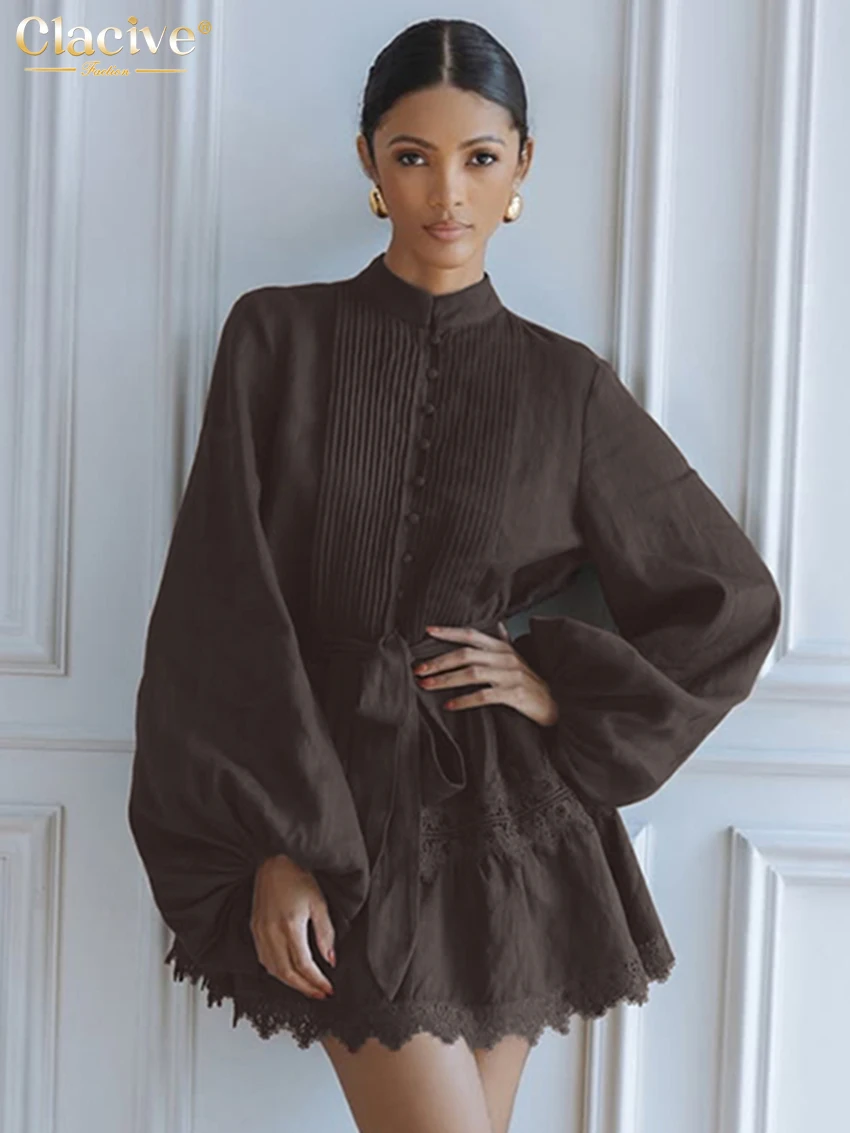 

Clacive Fashion Loose Brown Cotton Women's Dress 2026 Spring Stand Collar Puff Sleeve Mini Dresses Elegant Lace-Up Female Dress
