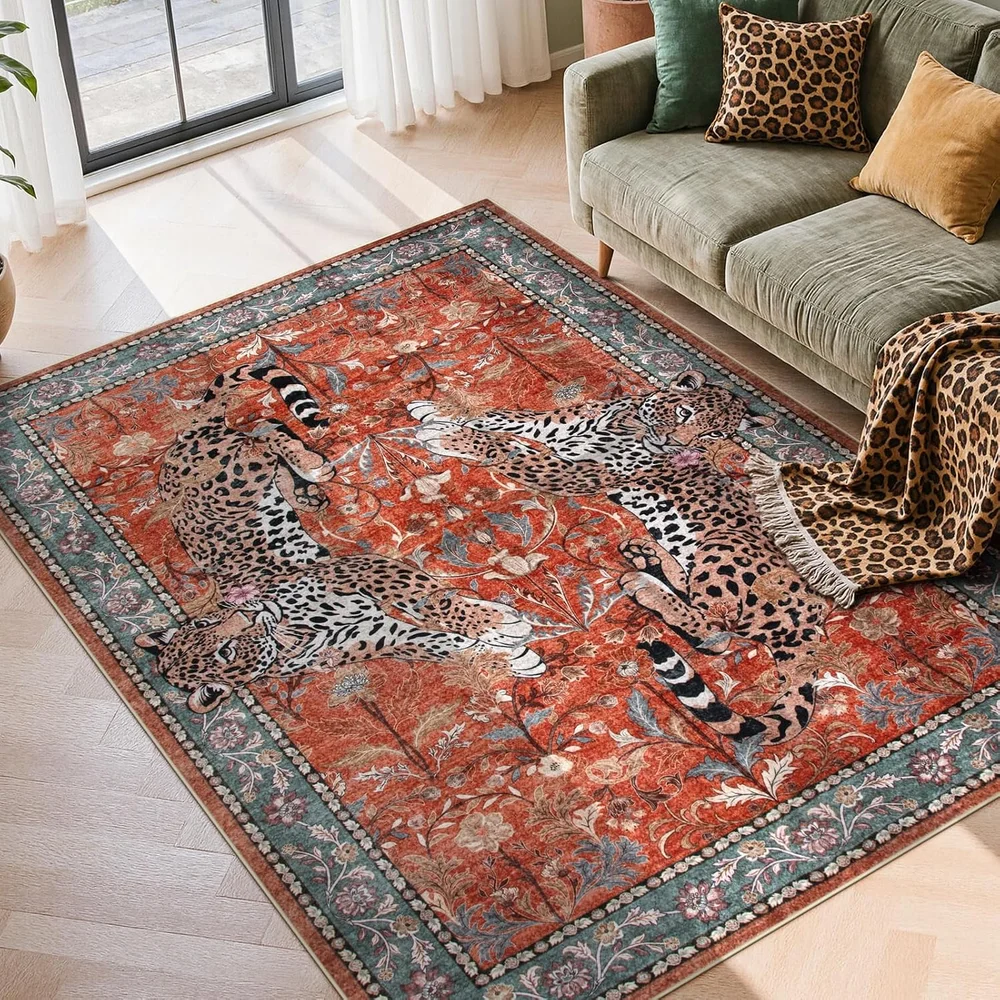 8x12 Extra Large Rust Leopard Boho Area Rug Washable Non Slip Ultra Thin Stain Resistant Carpet for Office Dining Room Home Deco