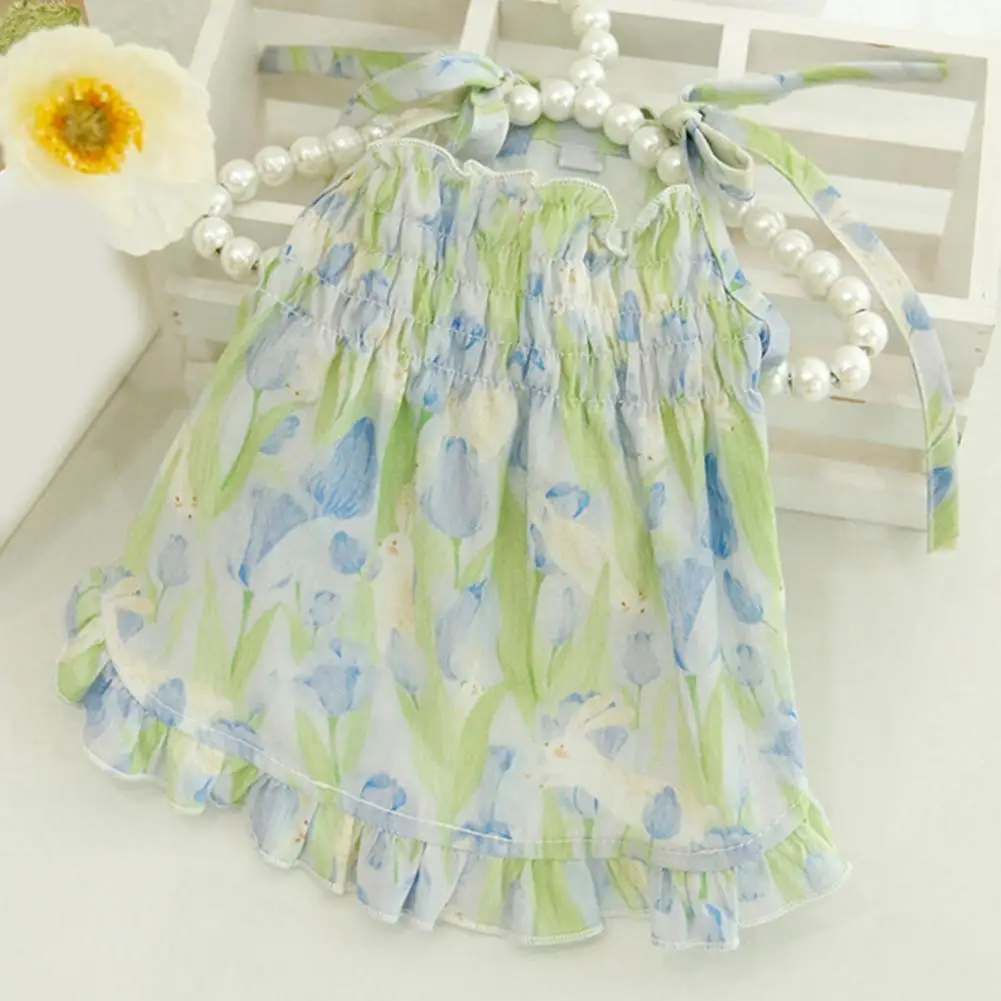 Summer Dog Dress Ruffle Hem Pearl Decoration Puppy Floral Dress Eye-catching Dress Up Cotton Dog Cat Adorable Pet Supplies