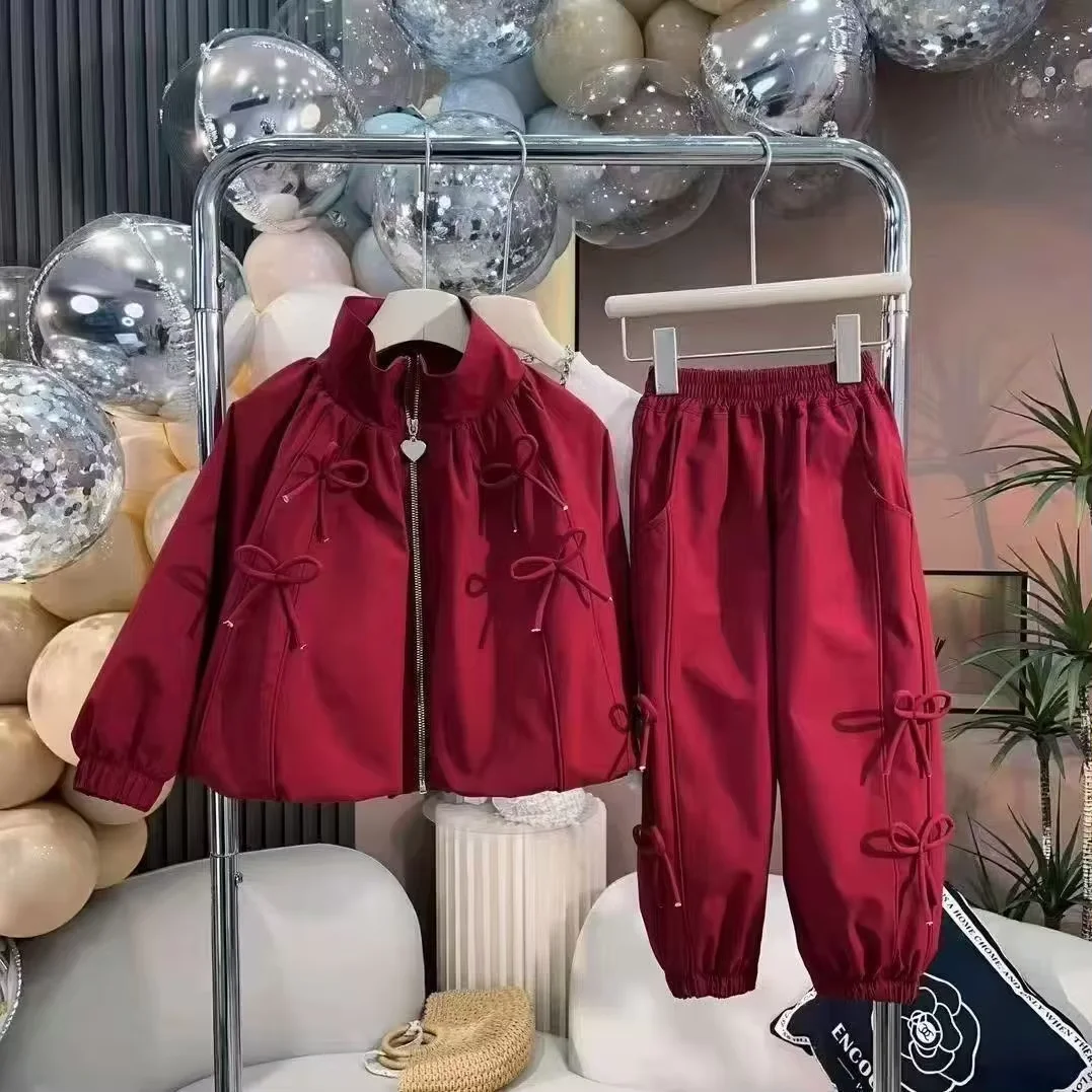 Spring and Autumn Girls' Set 2026 New Children's Casual Bow Zipper Jacket+Pants Two Piece Set