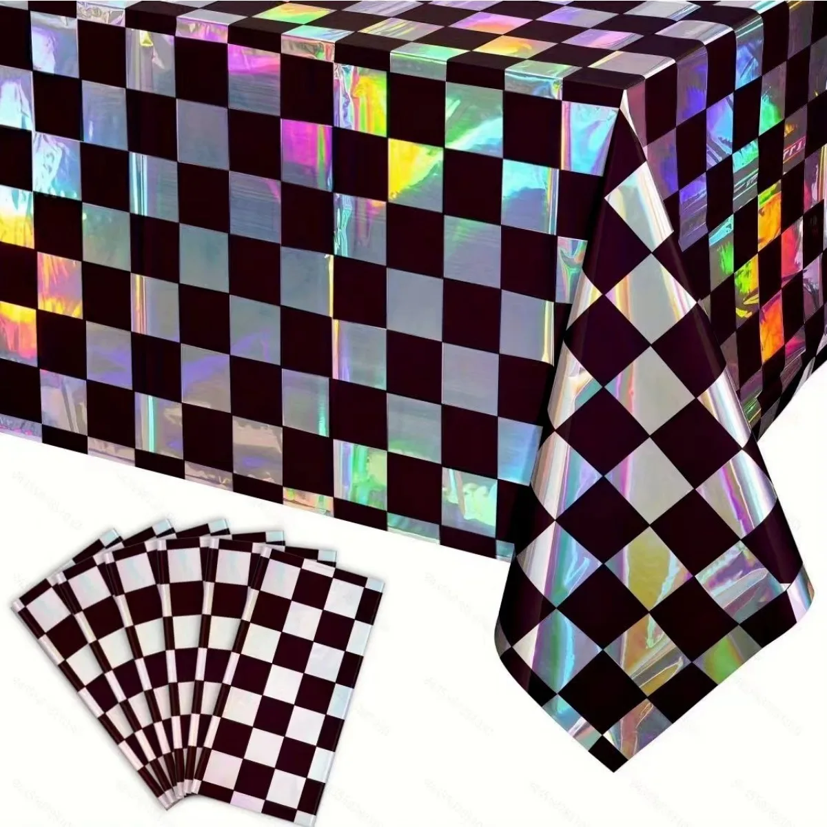 

3PCS Black Iridescent Checkered Plastic Tablecloth Shiny Disposable Laser Table Covers for Picnic Camping Race Car Party Decor