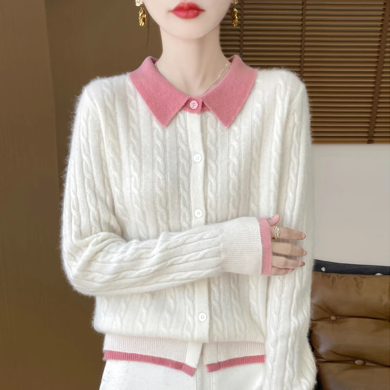 Autumn and winter new women\'s sweater 100% Merino wool lapel floral cardigan matching color fake two high-grade wind knit shirts