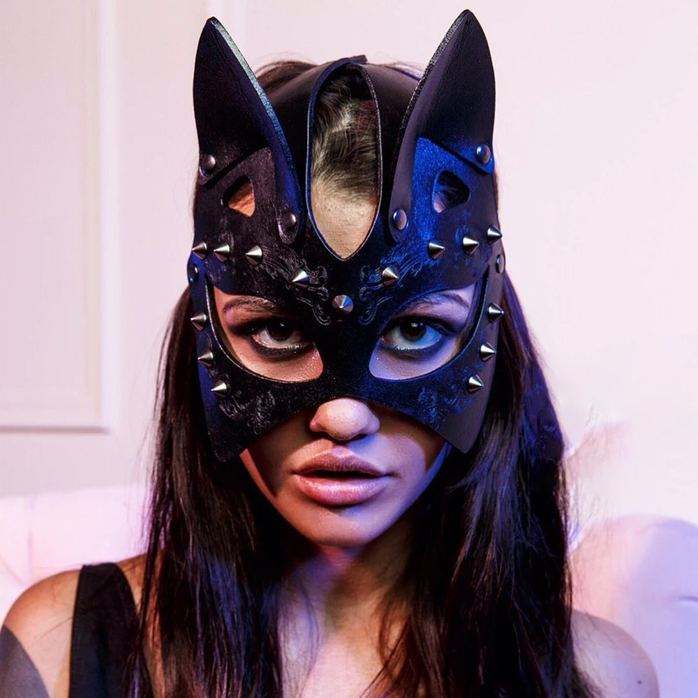 Punk Leather Cosplay Sexy Cat Mask Halloween Party Masquerade Half Face Studded Fox Masks Gothic Fetish Sex Toys for Adult