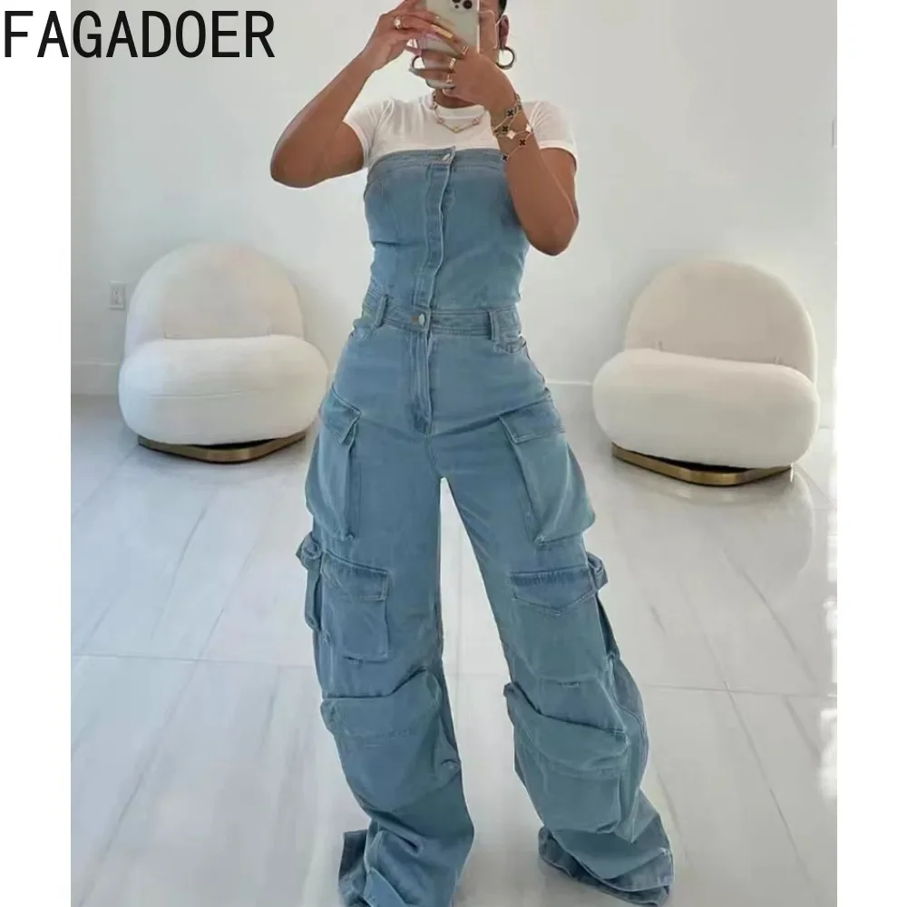 FAGADOER Retro Denim Fashion Street Women Tube Sleeveless Pocket Cargo Pants Jumpsuits Casual Female Straight Trousers Playsuits