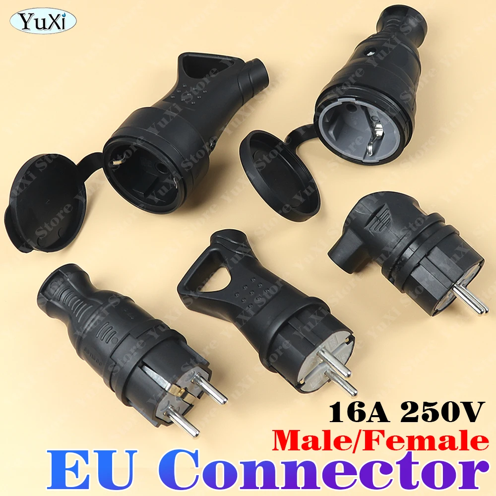 Rubber Waterproof Socket Plug Electrial Grounded EU Connector With Cover IP54 For DIY Power Cable Cord 16A 250V Male Female