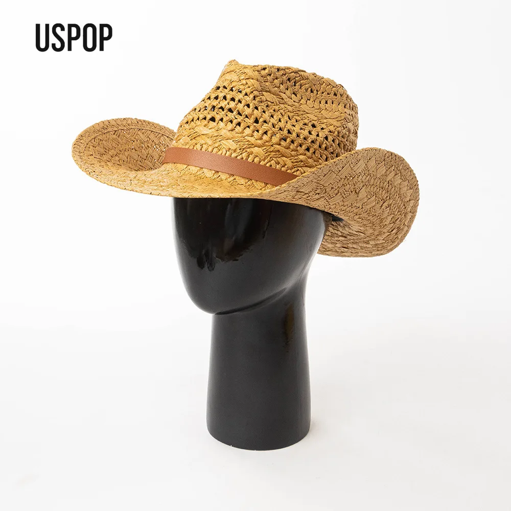 USPOP Western Cowboy Straw Hat Handmade Hollow Paper Straw Wide Brim Sun Hat with Belt Buckle for Women Men Outdoor Travel Beach