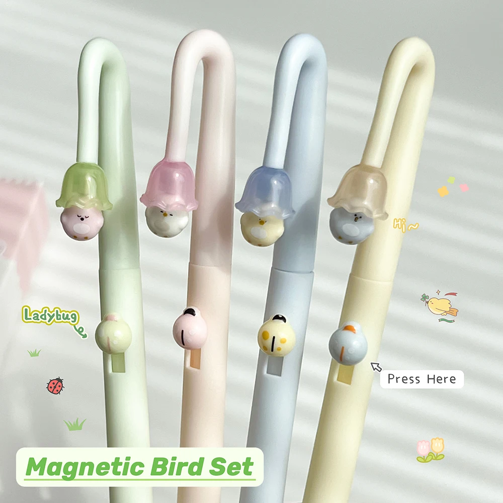 4 Pcs Magnetic Little Bird Gel Pen Set 0.5mm Fun Black Quick-Dry Pen Cute Simple Style Writing Pens Learning & Office Use