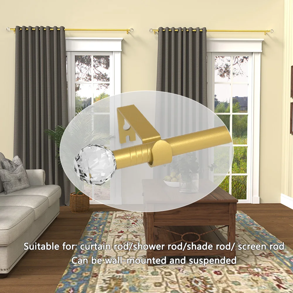 5/ 8inch Iron Spliced Roman Rod, Gold Curtain Rod, Decorative Head Is in a Transparent Crystal Style, Can Be Used to Install Curtains, Sheer Curtains, Shower Curtains, Suitable for Windows from 28inch to 144inch   The Curtain Rod Bracket Set Is Easy to Install, Strong and Durable.   This Curtain Rod Is Perfect for Use in the Bedroom, Kitchen, Living Room, Dining Room, or Office. It Has a Modern and Luxurious Style, Visually Simple and Beautiful.