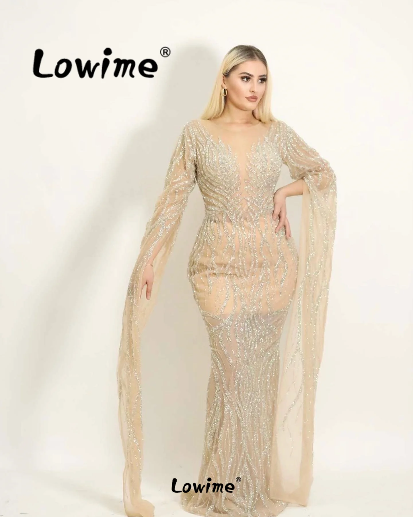 Elegant Glitter Champagne Evening Dress Vestidos De Fiesta Long Cape Sleeve Celebrity Dress Middle East Women Arabic Dubai Gowns