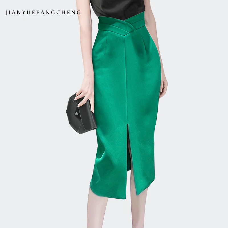 Womens Spring Summer Sexy High Waist Slit Pencil Skirt Solid Color Over-knee Elegant Slim Street-wear Office Straight Skirts