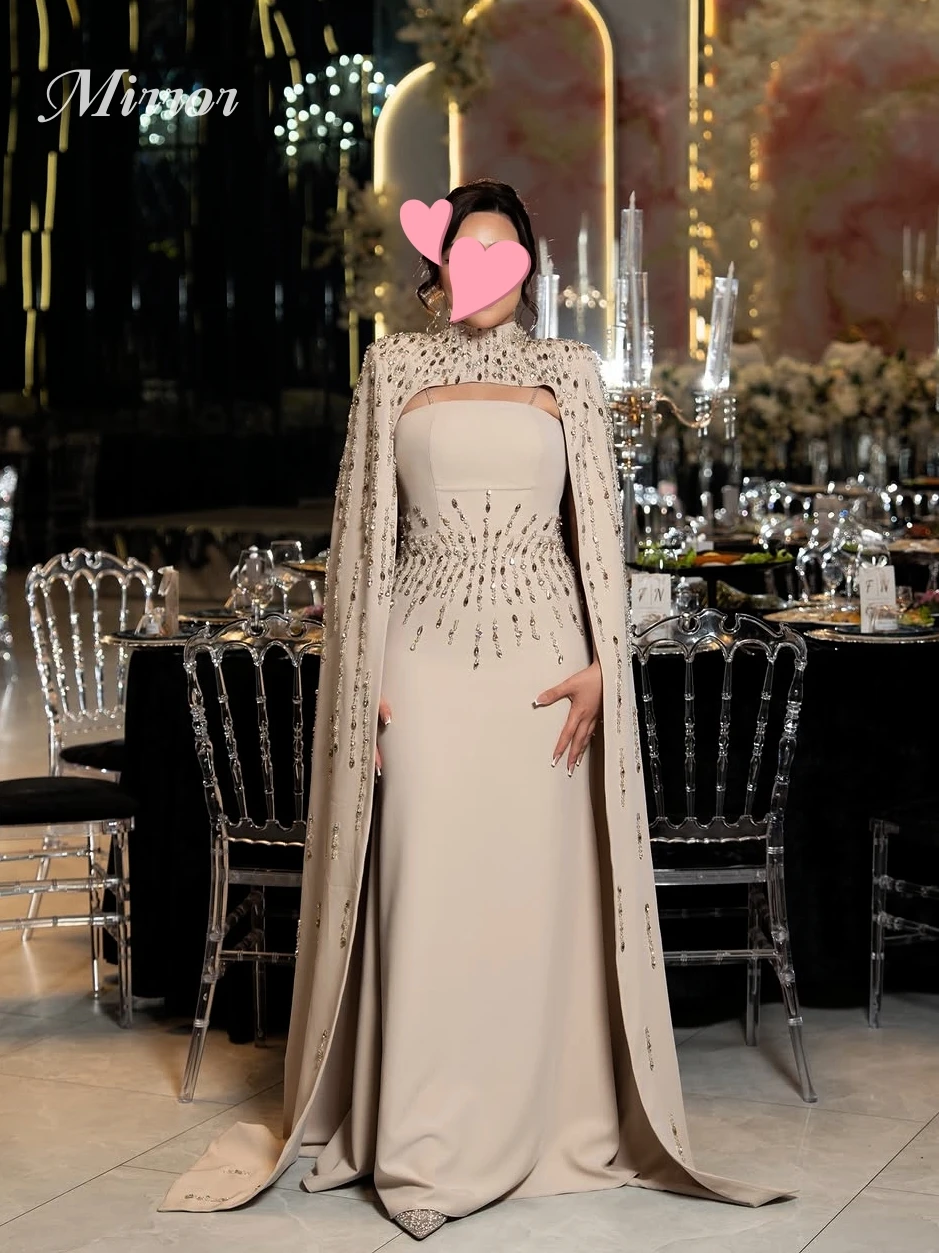 

Mirror Dress Elegant Vintage Sexy Khaki Crystal Beads Cape New Stylish Customize Formal Occasion Prom Dress Evening Party Gowns
