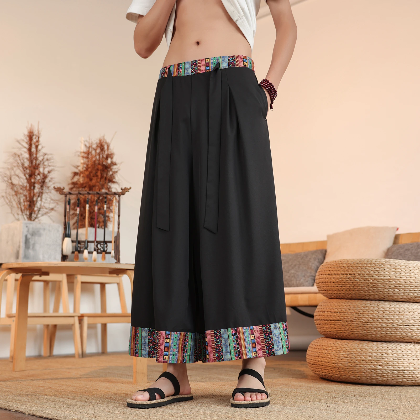 Wide Leg Pants Japanese Samurai Lightweight Summer Shorts Patchwork Casual Loose Trousers Men's Fashion Trendy Breathable Pants