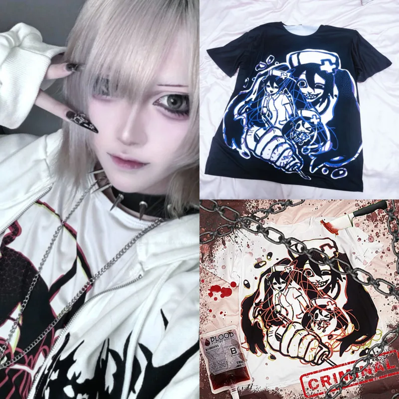 

Punk Y2K Millennium Dark Short Sleeve Loose Printed T-shirt Japan Heavy Weight Cotton American Second Dimensional Trendy Top New